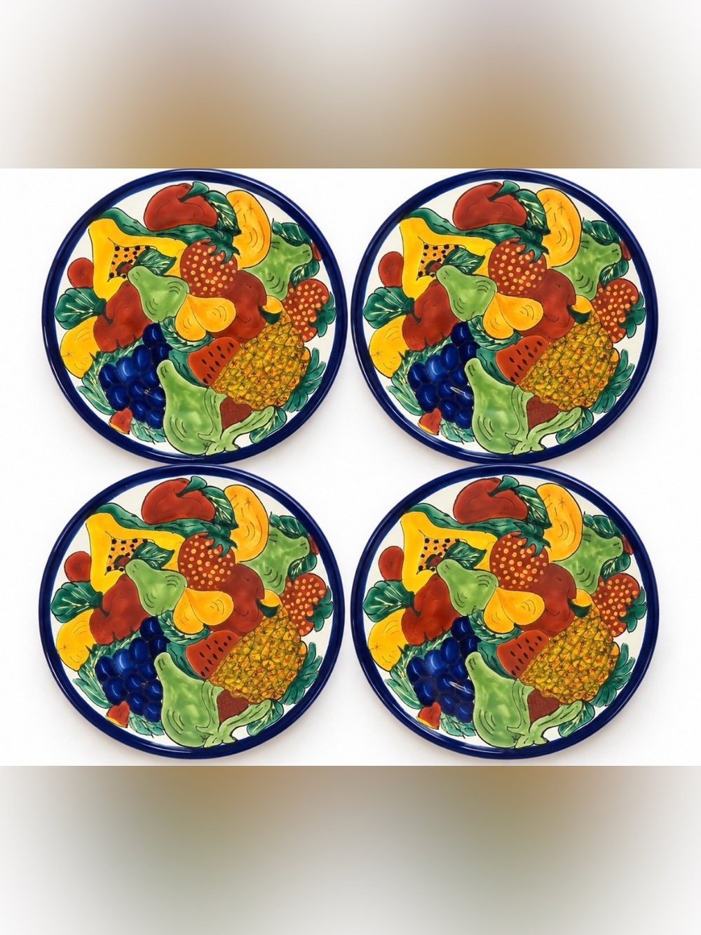 Set of 4 Hand Painted Mexican Pottery 11” Fruit Plates Folk Art H. Mex Signed